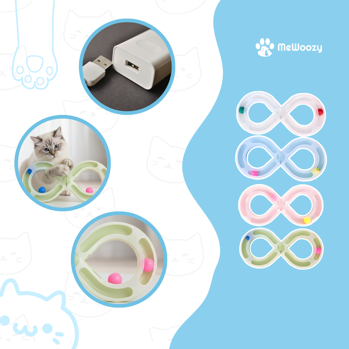 Speelbaan in vier kleuren met kat, close-up en usb-oplader