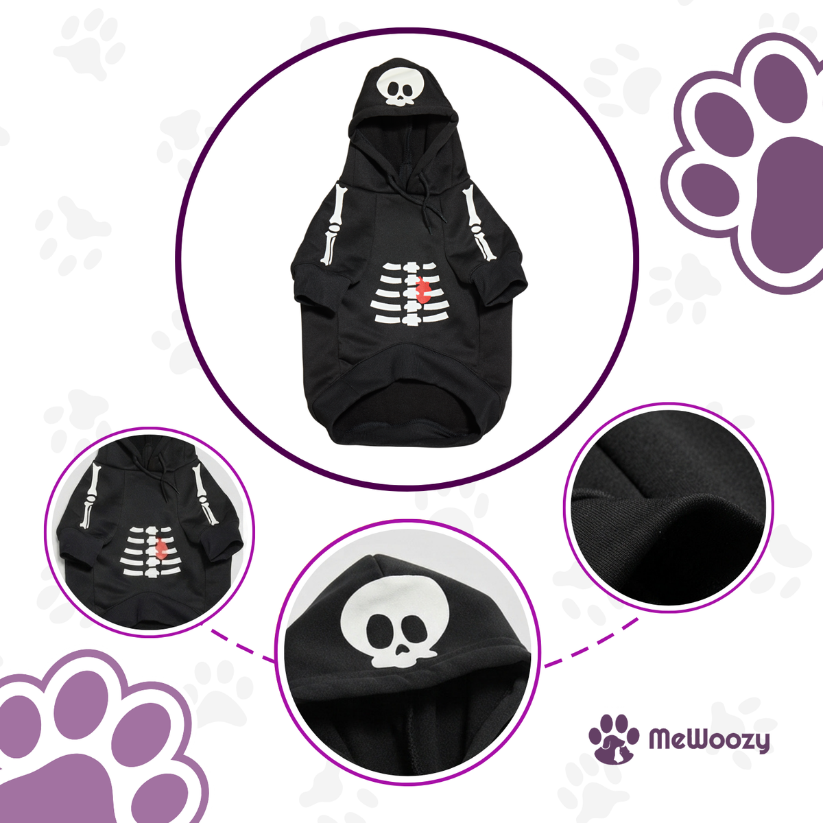 Close-ups van de hoodie: schedel op capuchon, ribbenprint en zachte stof