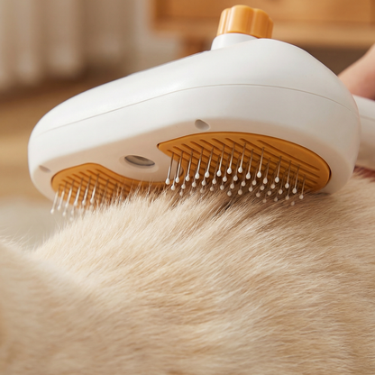 Close-up van de oranje borstelpinnen die door lichte kattenvacht gaan