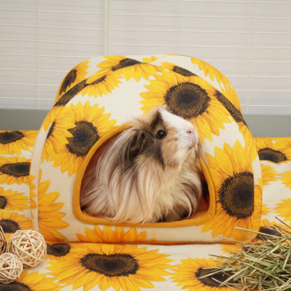 Langharige cavia kijkt uit de opening van het schuilhuisje naast hooi en speelballen