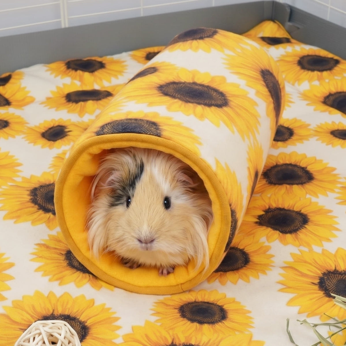 Cavia met lang haar kijkt uit de gele zonnebloementunnel in het verblijf