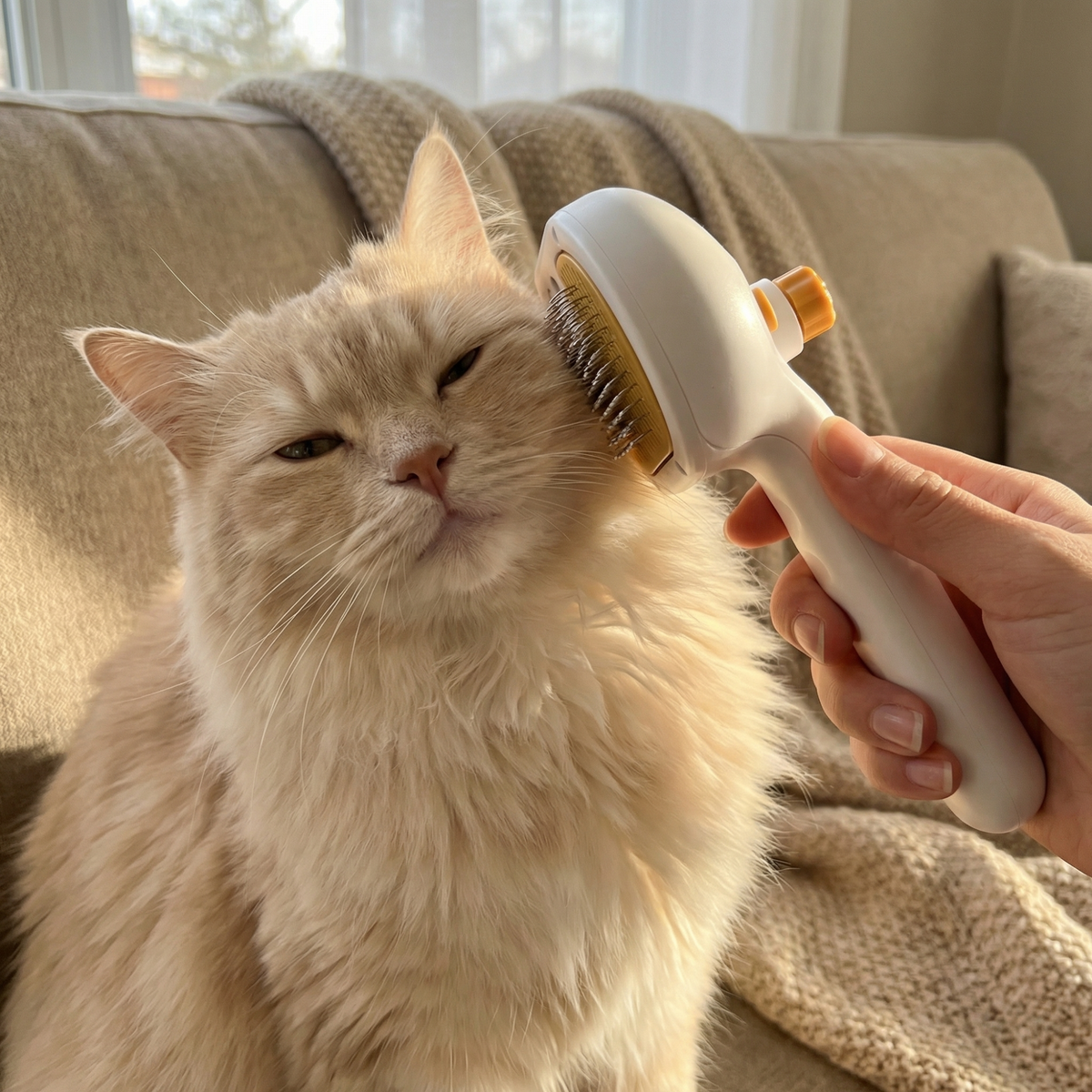 Hand borstelt een rode kat op de bank met de witte borstel