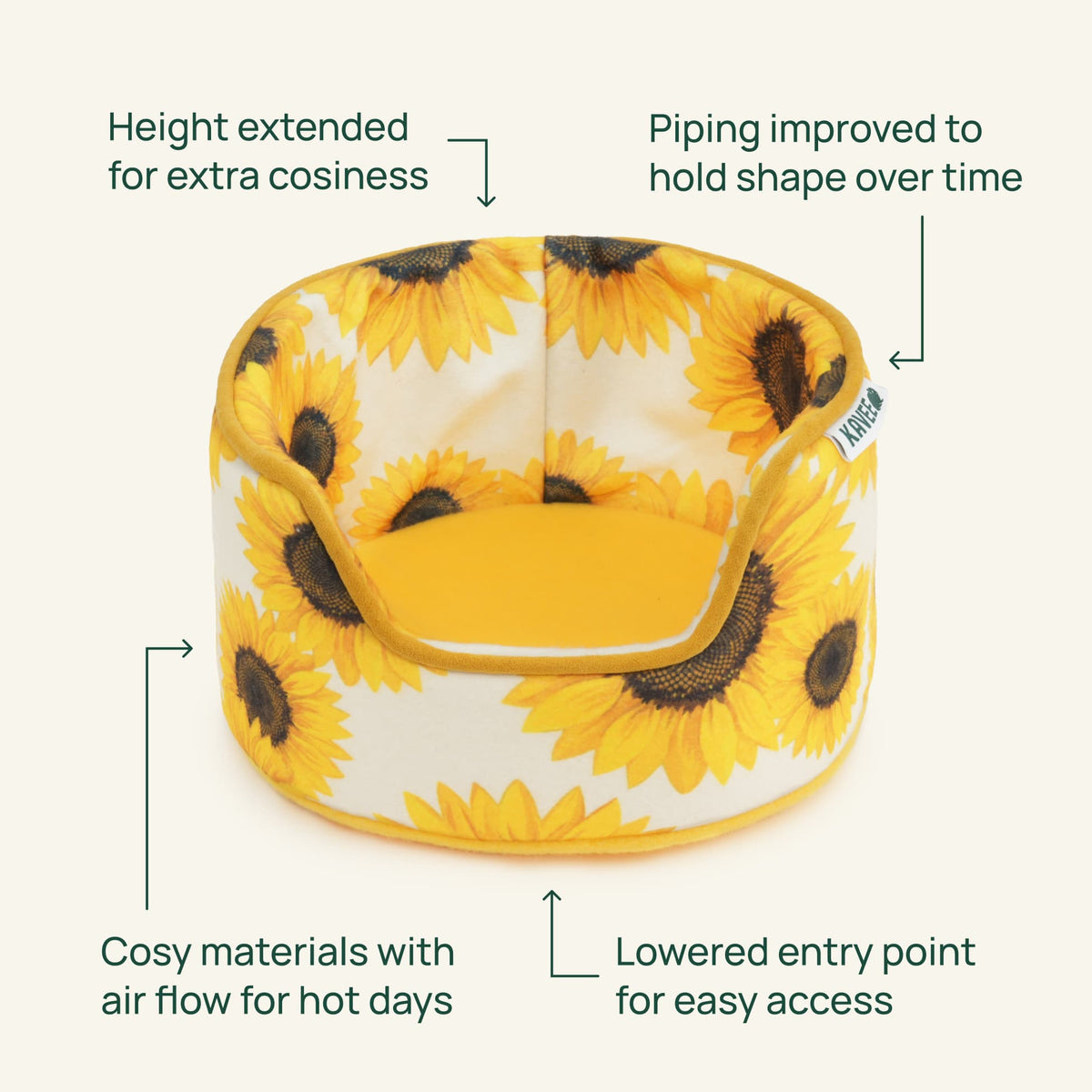 Kenmerken van de mand: hogere rand, stevige bies, lage instap en luchtige stof