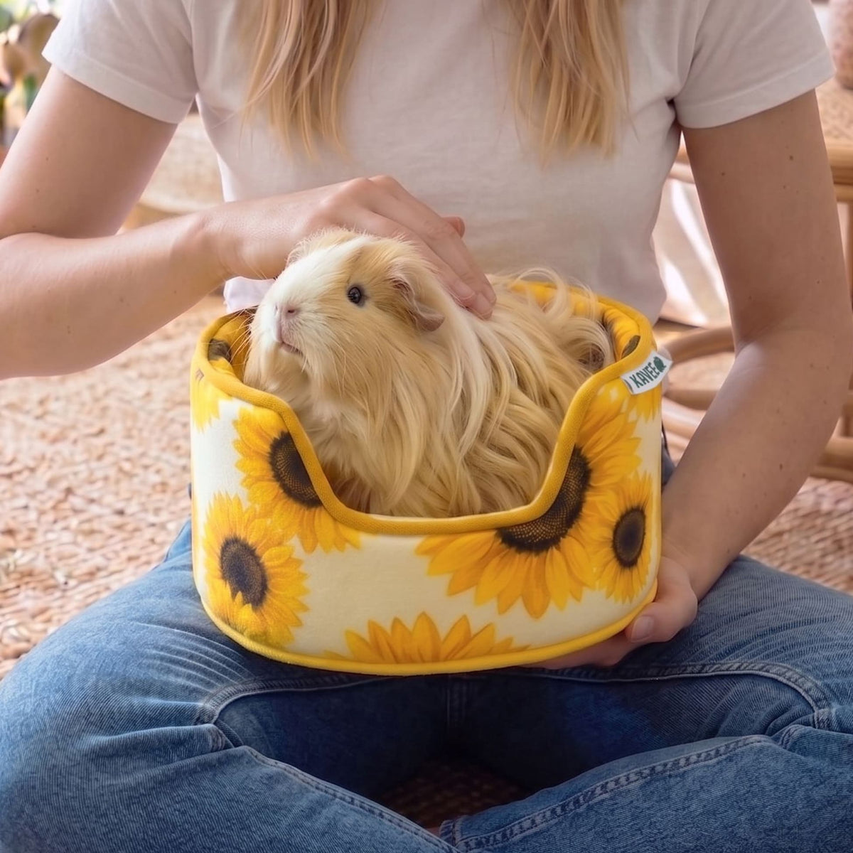 Vrouw houdt de mand met een langharige cavia op schoot