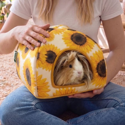 Vrouw houdt het schuilhuisje op schoot met een cavia in de opening