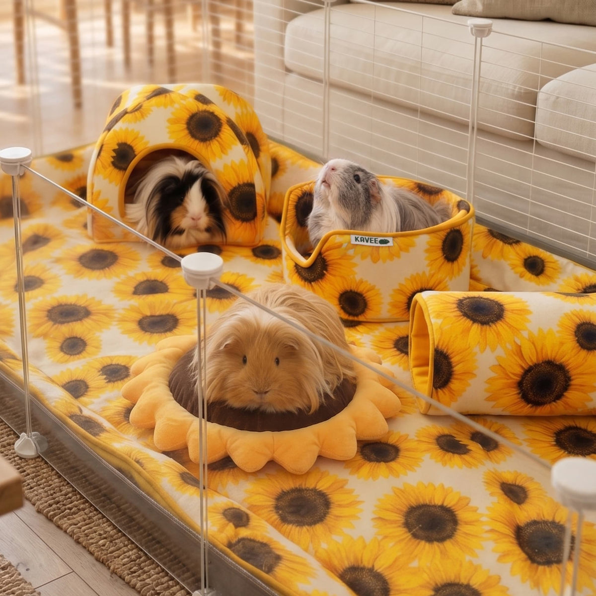 Drie cavia's in een binnenverblijf met schuilhuisje, mand en tunnel in zonnebloemprint