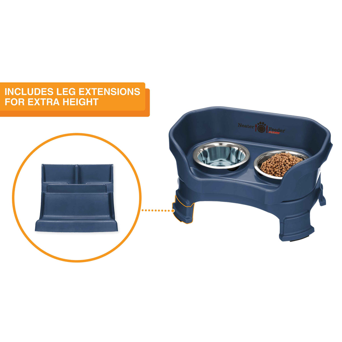 Donkerblauwe voerbak met uitvergroting van de losse pootverlengers