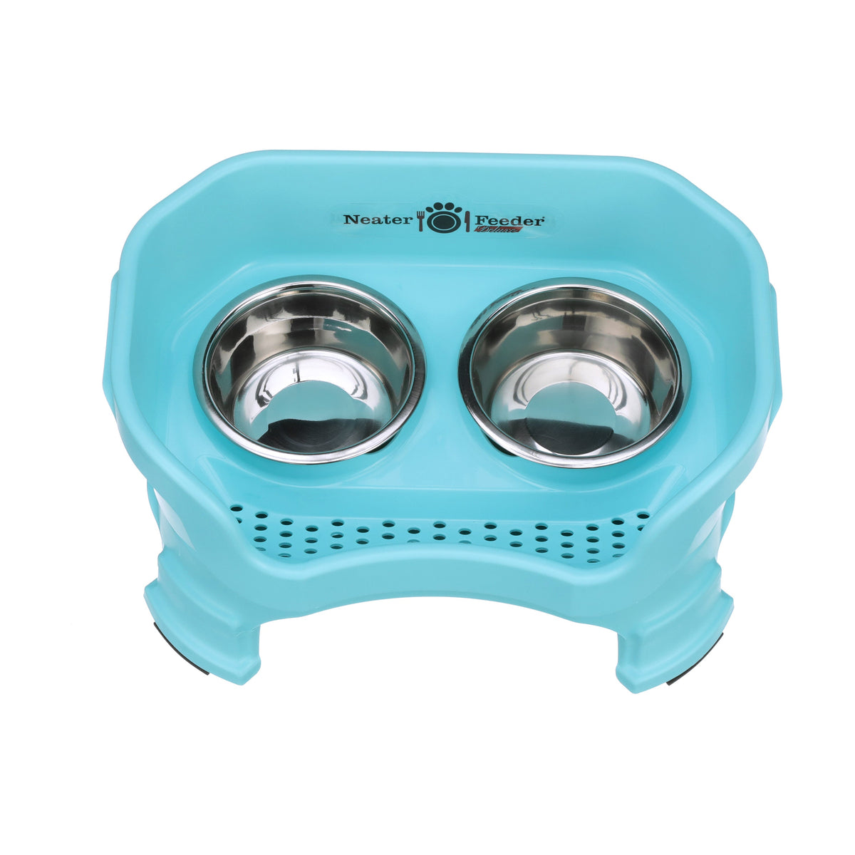 Turquoise voerbak van bovenaf met twee stalen bakjes