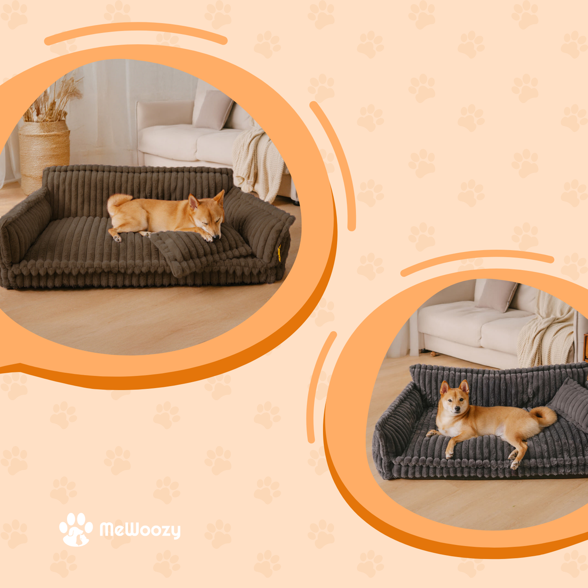 Shiba inu liggend op de bruine en de donkergrijze hondenmand in woonkamer