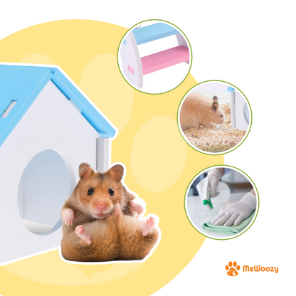 Hamster voor blauw huisje met inzetjes van brug, strooisel en schoonmaken