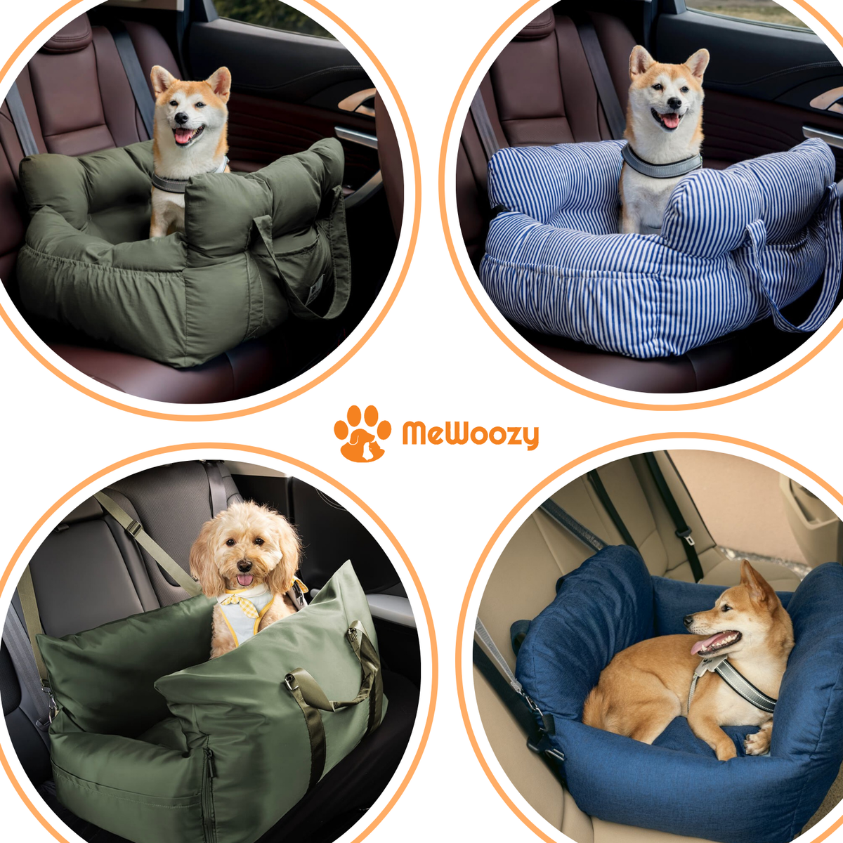 Shiba's en poedel in groene, gestreepte en blauwe autostoelen in de auto
