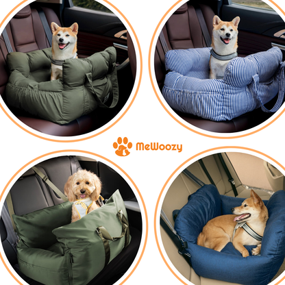 Shiba's en poedel in groene, gestreepte en blauwe autostoelen in de auto