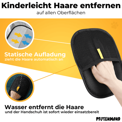 Close-up van de zwarte mesh handschoen met uitleg over statische lading en uitspoelen