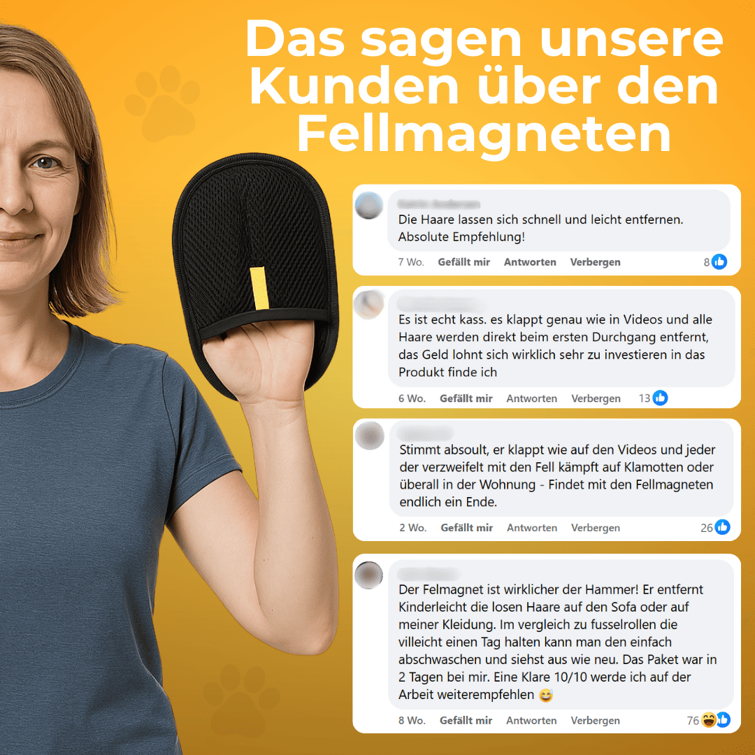 Vrouw draagt de handschoen naast Duitse klantreviews over het verwijderen van haar