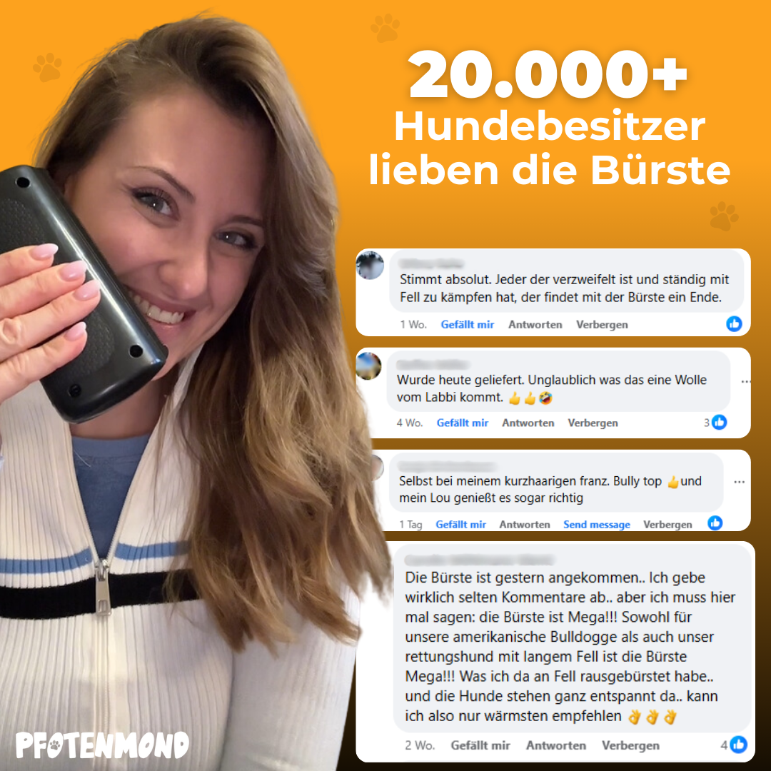 Vrouw houdt de zwarte borstel bij haar gezicht naast Duitse klantreacties