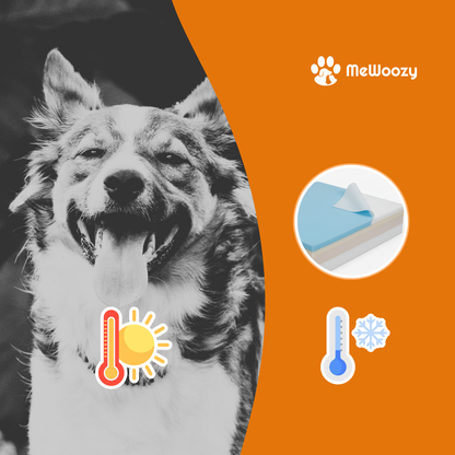 Zwart-witfoto van hijgende hond met iconen voor warmte en verkoeling naast de koelmat