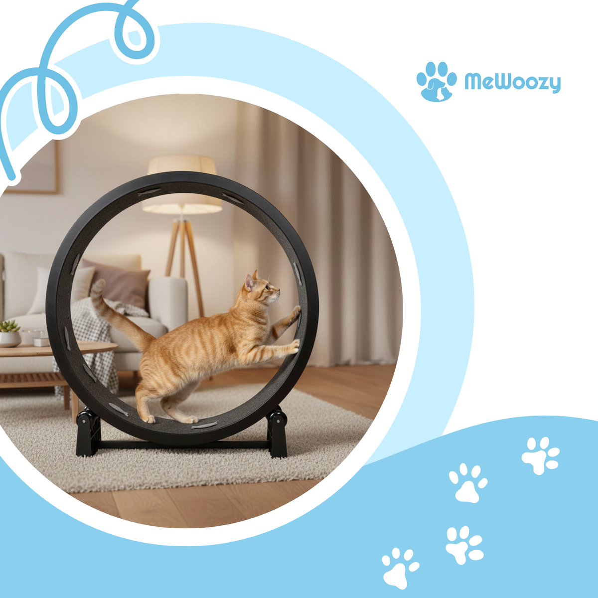 Rode kat rent in een zwart kattenwiel in een woonkamer