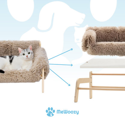 Uitleg van de kattenbank: losse pluche hoes, plank en houten frame