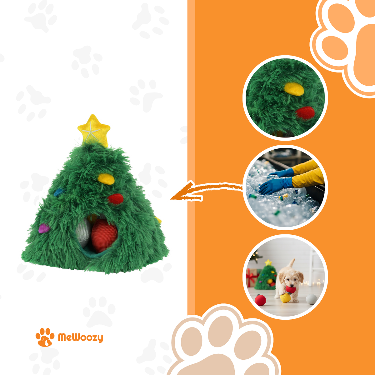 Close-ups van het pluche, recycling van plastic flessen en een puppy bij het hol