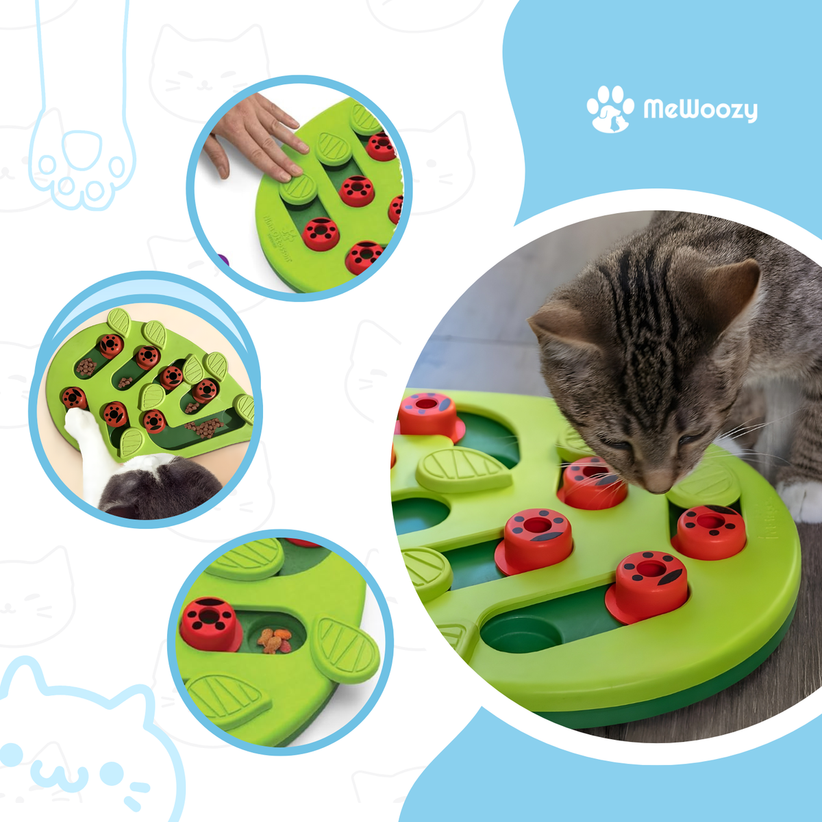 Cyperse kat eet uit de puzzel, met close-ups van verschuifbare blaadjes en brokjes