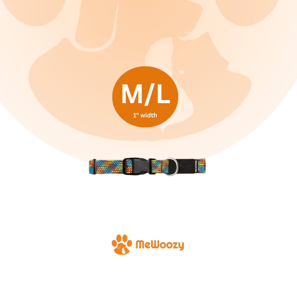 Regenboogkleurige halsband in maat M/L met een breedte van 2,5 cm