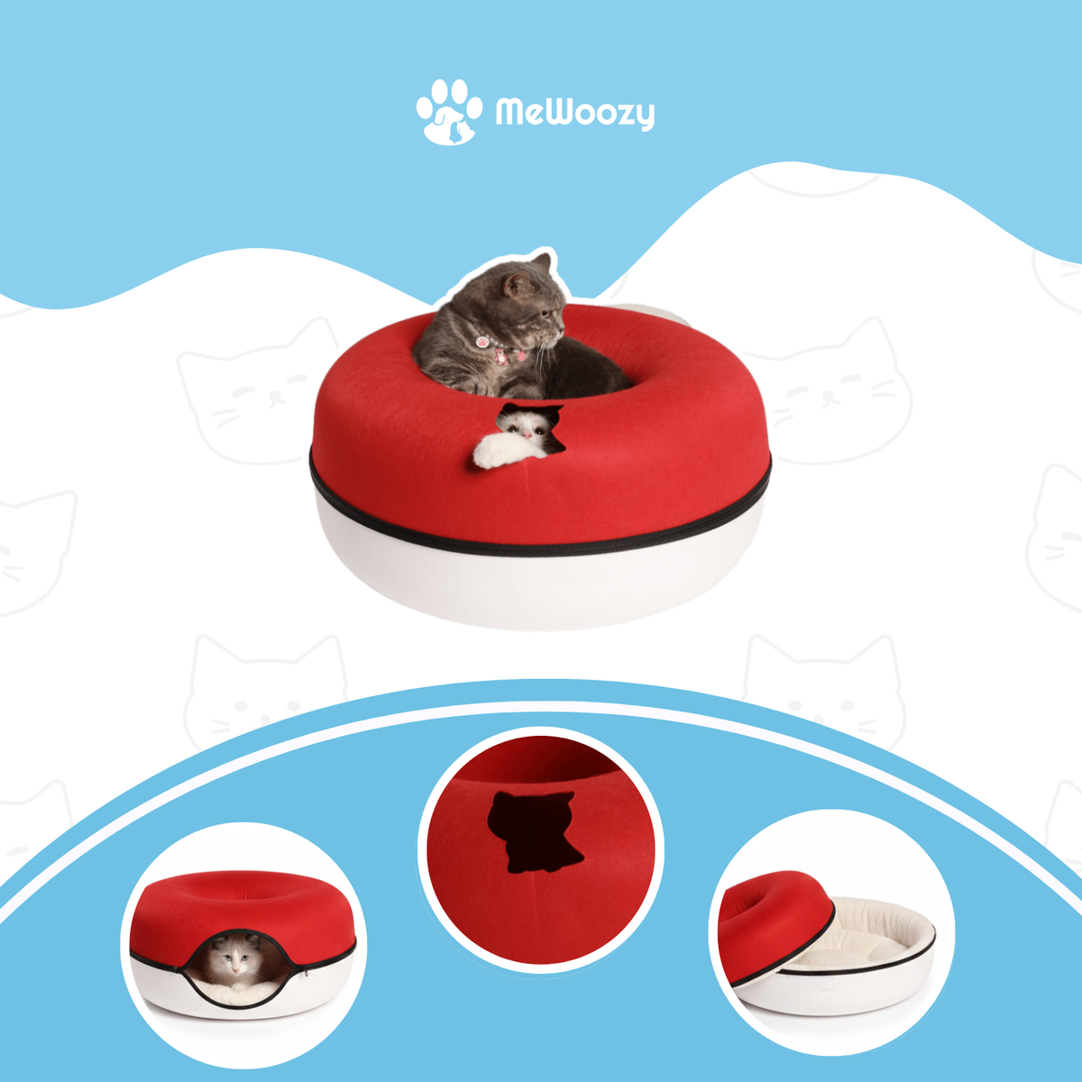 Grijze kitten bovenop de kattentunnel met kleine inzetfoto's van opening en binnenkant