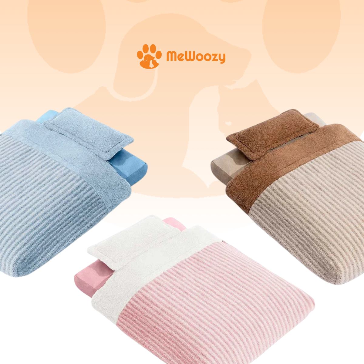 Het hondenbed in drie kleuren naast elkaar: blauw, bruin en roze