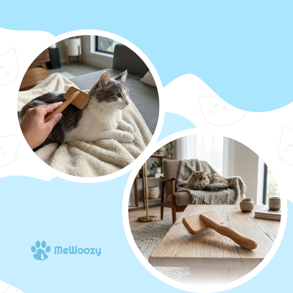 Grijs-witte kat op de bank wordt geborsteld, borstel op houten salontafel