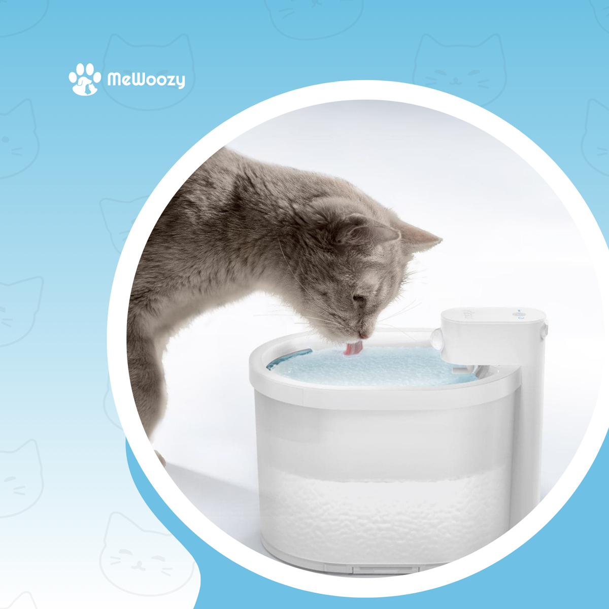 Grijze kat drinkt met roze tong water uit de witte drinkfontein