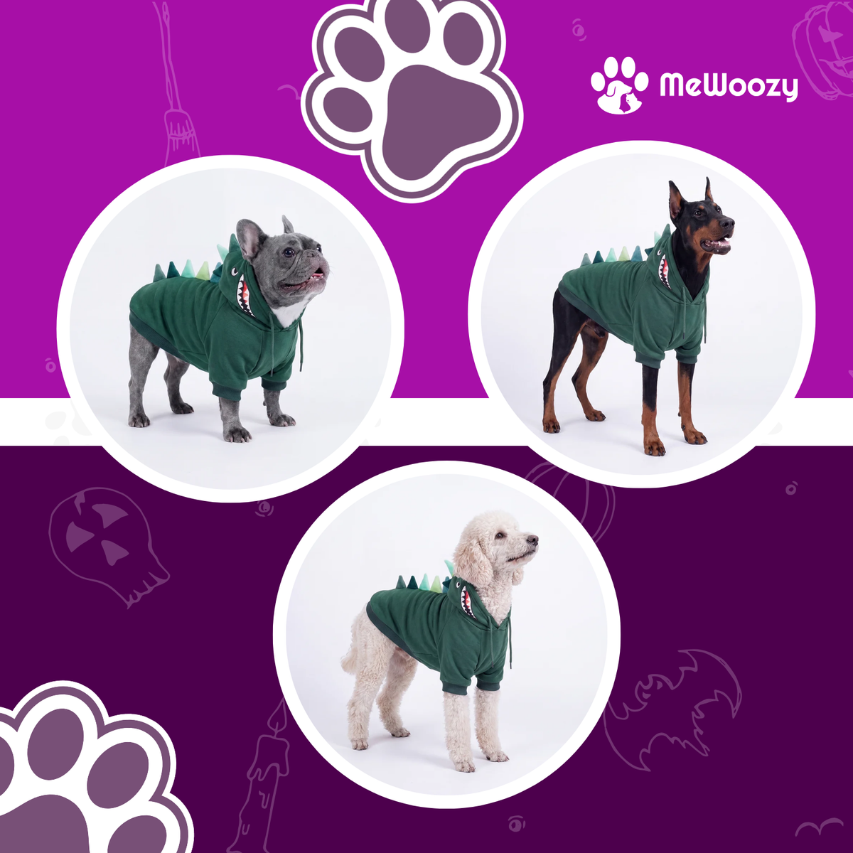Franse bulldog, dobermann en witte poedel in de groene dinohoodie