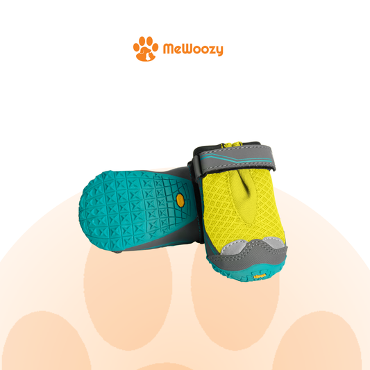 Gele hondenschoenen van mesh met turquoise gripzool en grijze klittenband