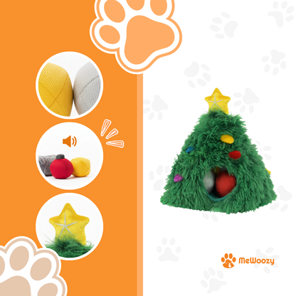Losse speelballetjes in geel, grijs en rood met piepgeluid naast de kerstboom