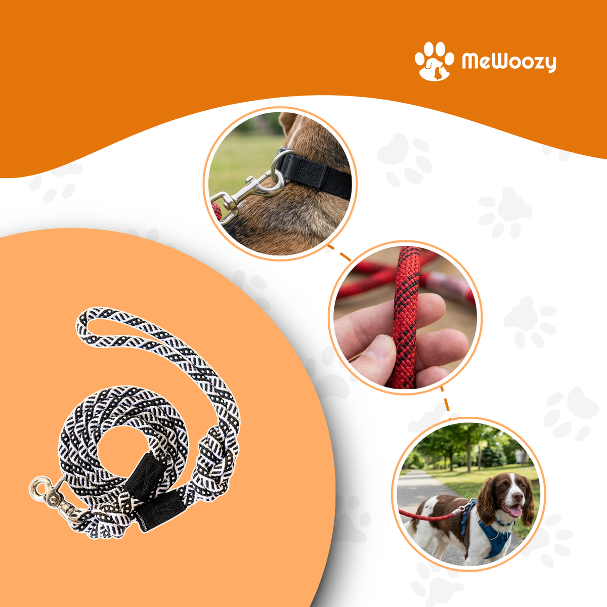 Zwart-witte touwriem met close-ups van haak aan halsband, touw en wandelende hond