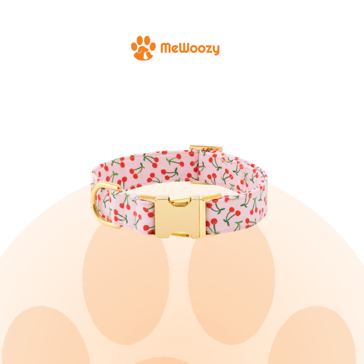 Roze katoenen hondenhalsband met kersenprint en goudkleurige metalen sluiting