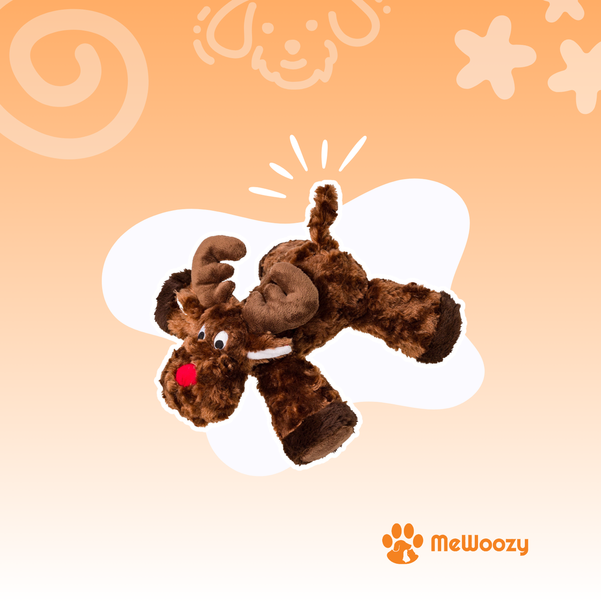 Bruine pluche rendierknuffel voor honden met rode neus en gewei, liggend
