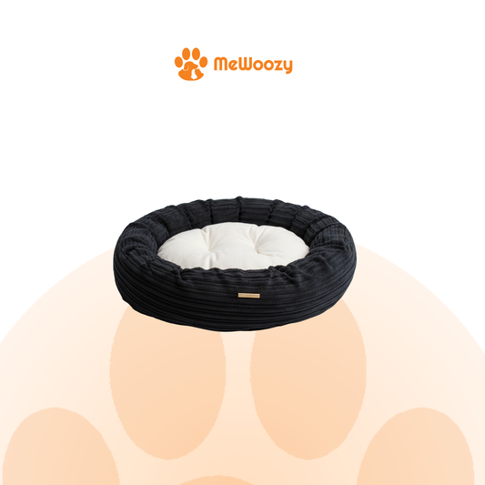 Ronde donut hondenmand van donkerblauw ribfleece met crèmewit kussen