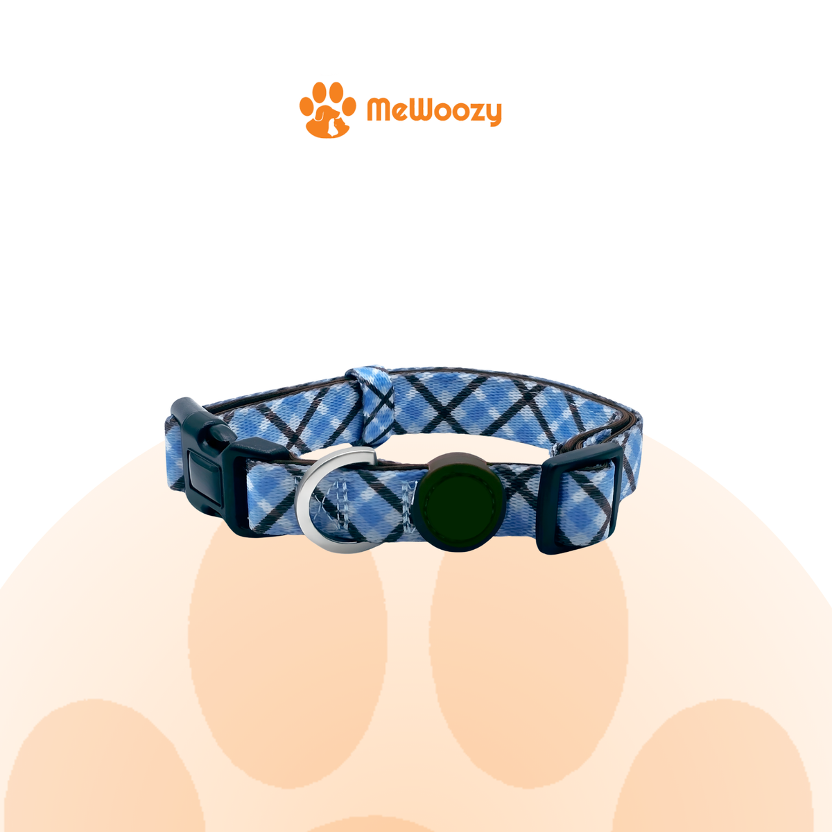 Blauwe hondenhalsband met tartanruit, zwarte klikgesp, metalen D-ring en zwarte houder