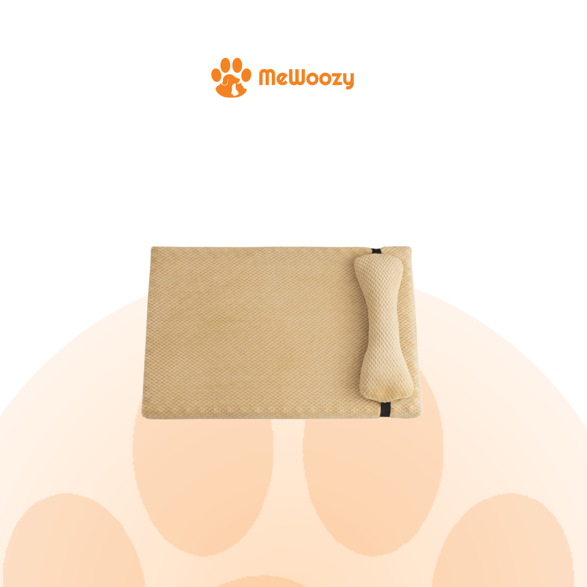 Beige uitvoering van het huisdierbed met botkussen en zwart bandje