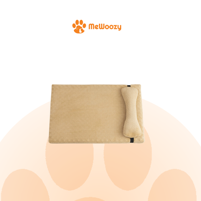 Beige uitvoering van het huisdierbed met botkussen en zwart bandje