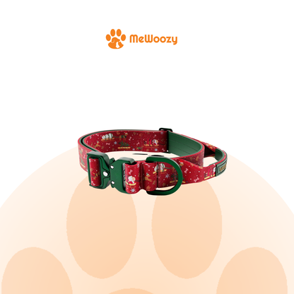 Rode hondenhalsband met kerstprint, groene metalen gesp, D-ring en handvat