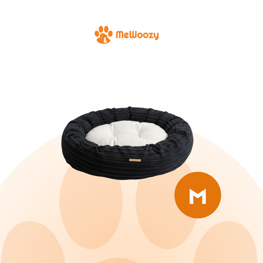 Donkerblauwe donut hondenmand met crèmewit kussen in maat M
