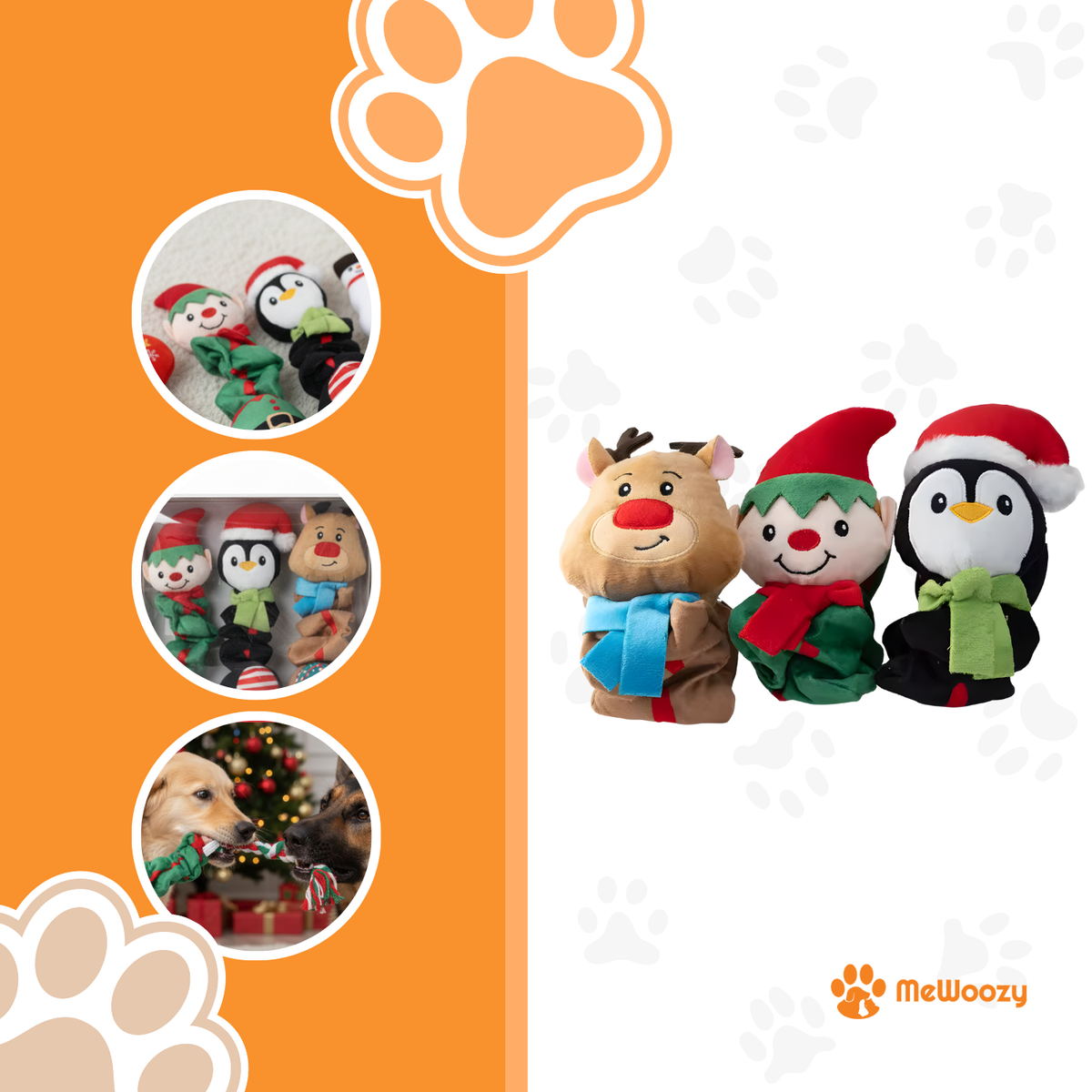 De drie kerstknuffels ingedrukt naast elkaar, met kleine foto's van hond bij kerstboom