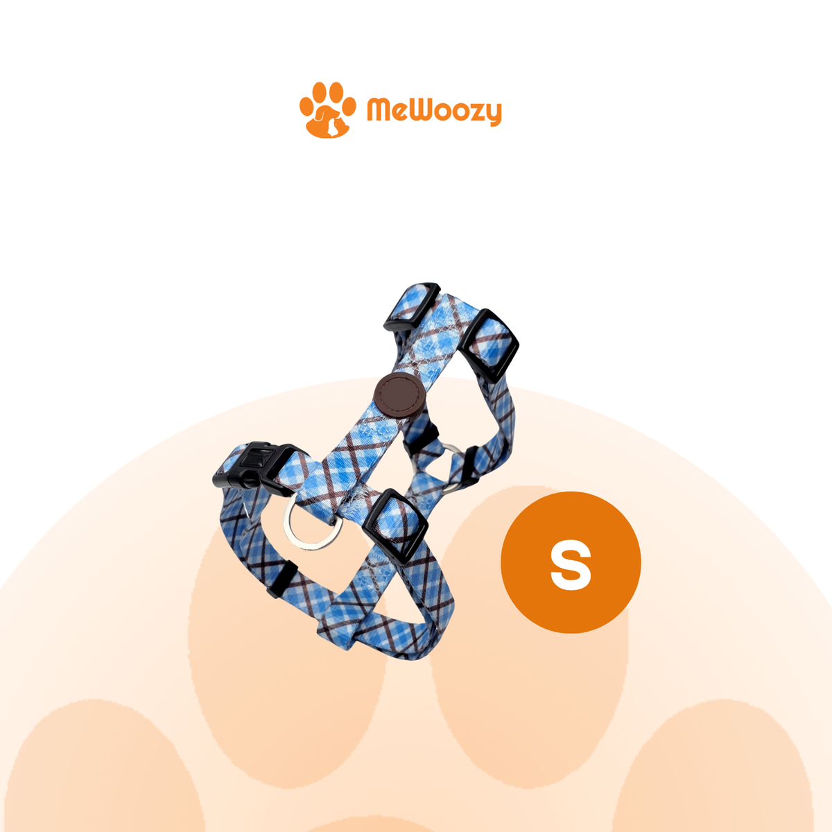 Het blauw geruite hondentuig met oranje label voor maat S