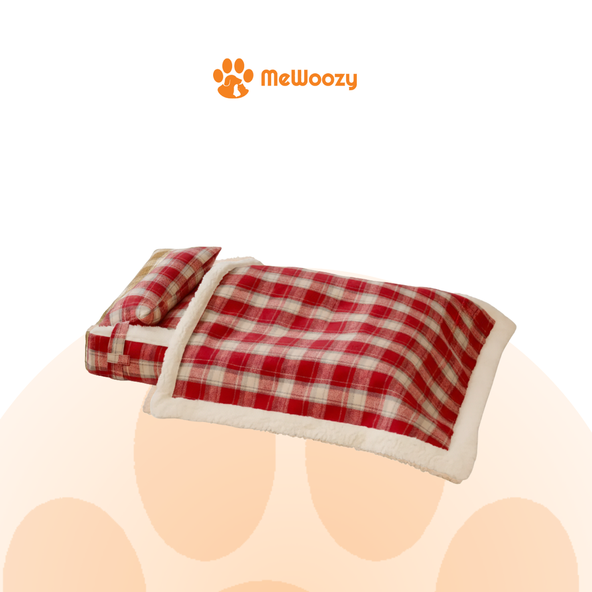 Rood geruit hondenbed met deken, kussen en witte teddyrand