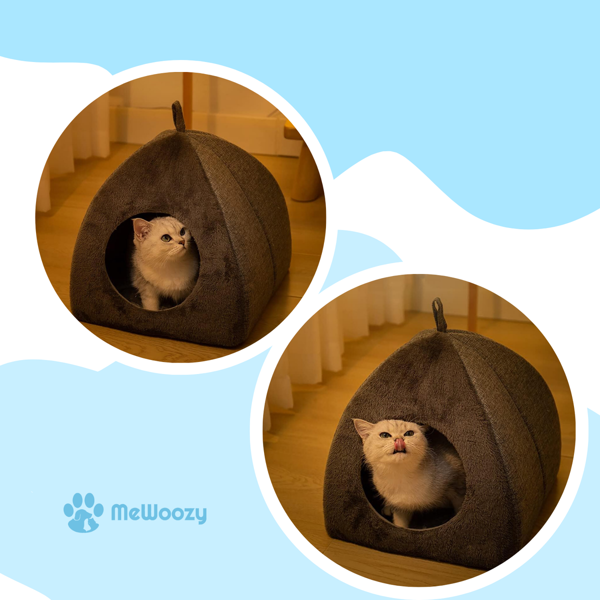 Witte kitten kijkt uit de opening van de grijze kattenmand binnenshuis