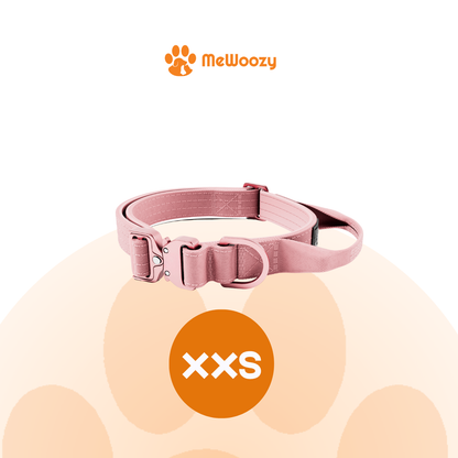 Roze halsband met klikgesp en handvat, weergegeven in maat XXS