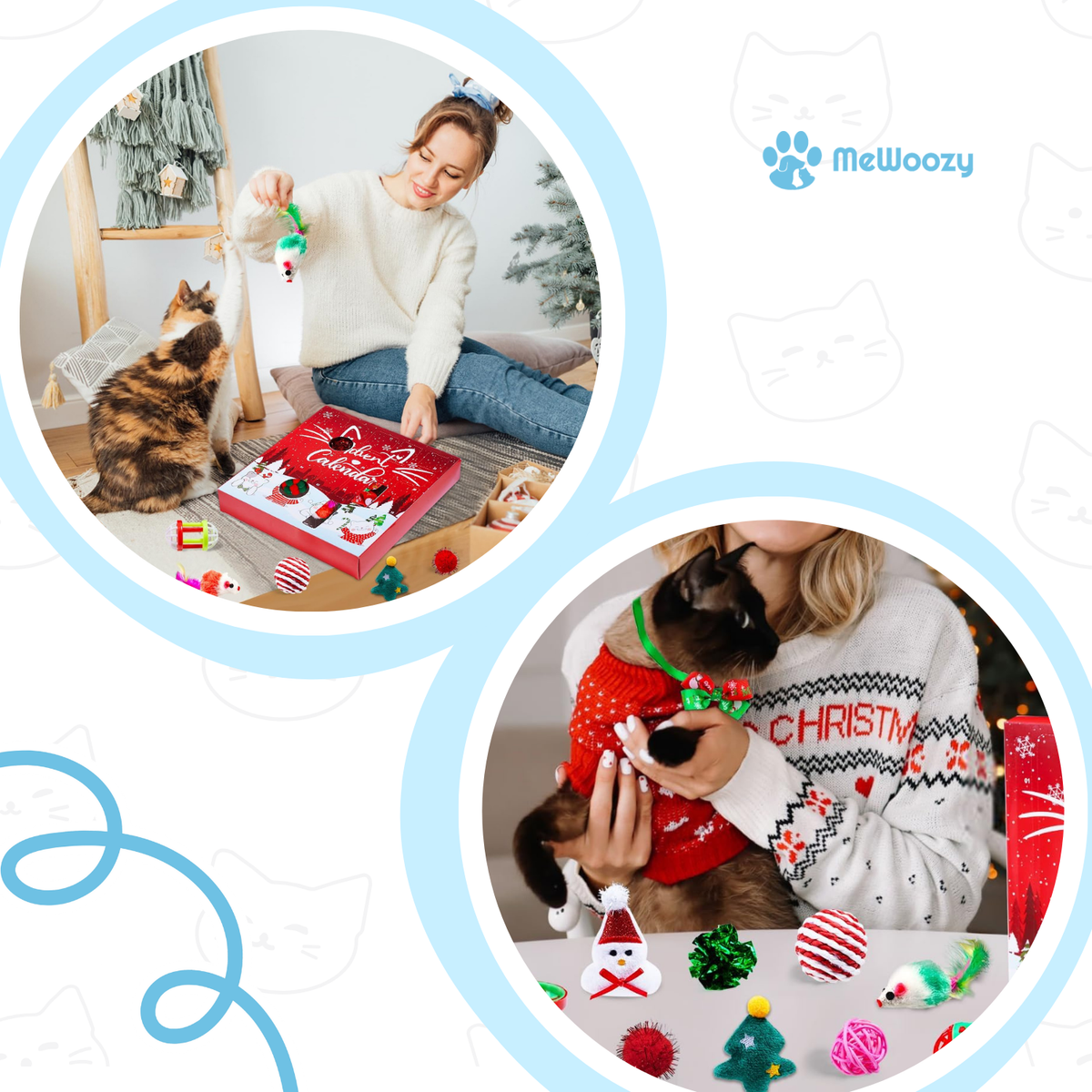 Vrouw speelt met kat naast de kalender en houdt kat met strikje vast