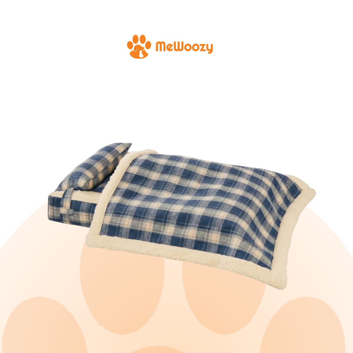 Blauw geruit hondenbed met deken en lichte teddyrand