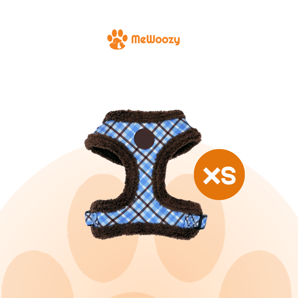 Het hondentuig in blauwe ruit met bruine teddyrand, aangeduid als maat XS
