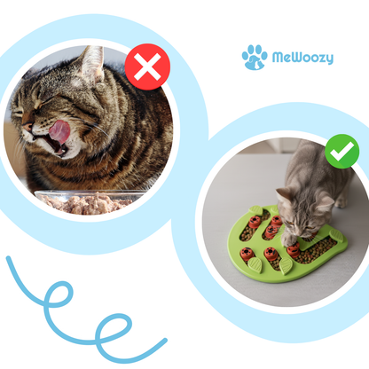 Vergelijking: kat likt snel uit een bakje naast kat die rustig uit de puzzel eet